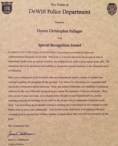 Special Recognition Award from DeWitt Police Dept for Dr. Fullagar