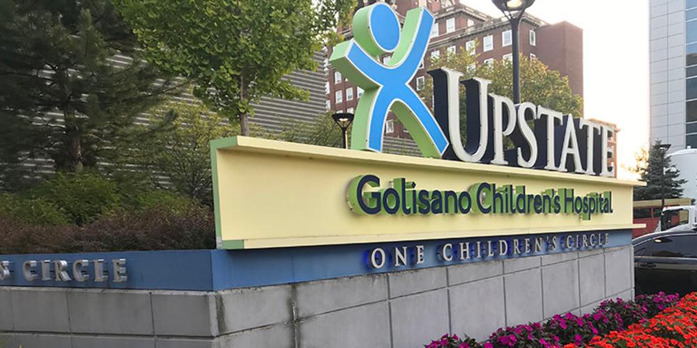 The sign for the Upstate Golisano Children's Hospital.