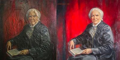 Conservation efforts on Elizabeth Blackwell portrait show much clearer portrait, vibrant red background